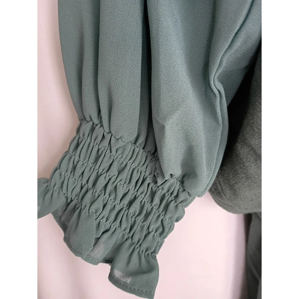UMGEE‎ Sage Green Linen Mini Dress Blue Contrast Slve Smocked Cuff S Cottagecore